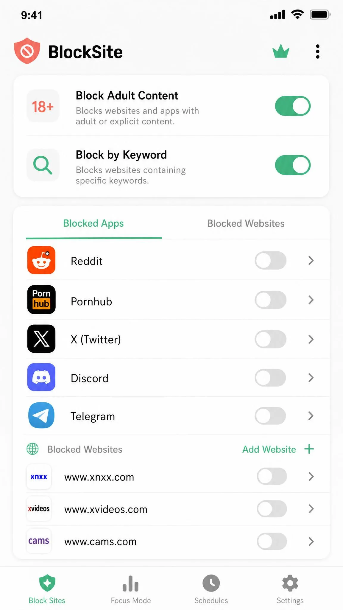 BlockSite app showing a list of blocked apps and websites with toggles for adult-content and keyword blocking.