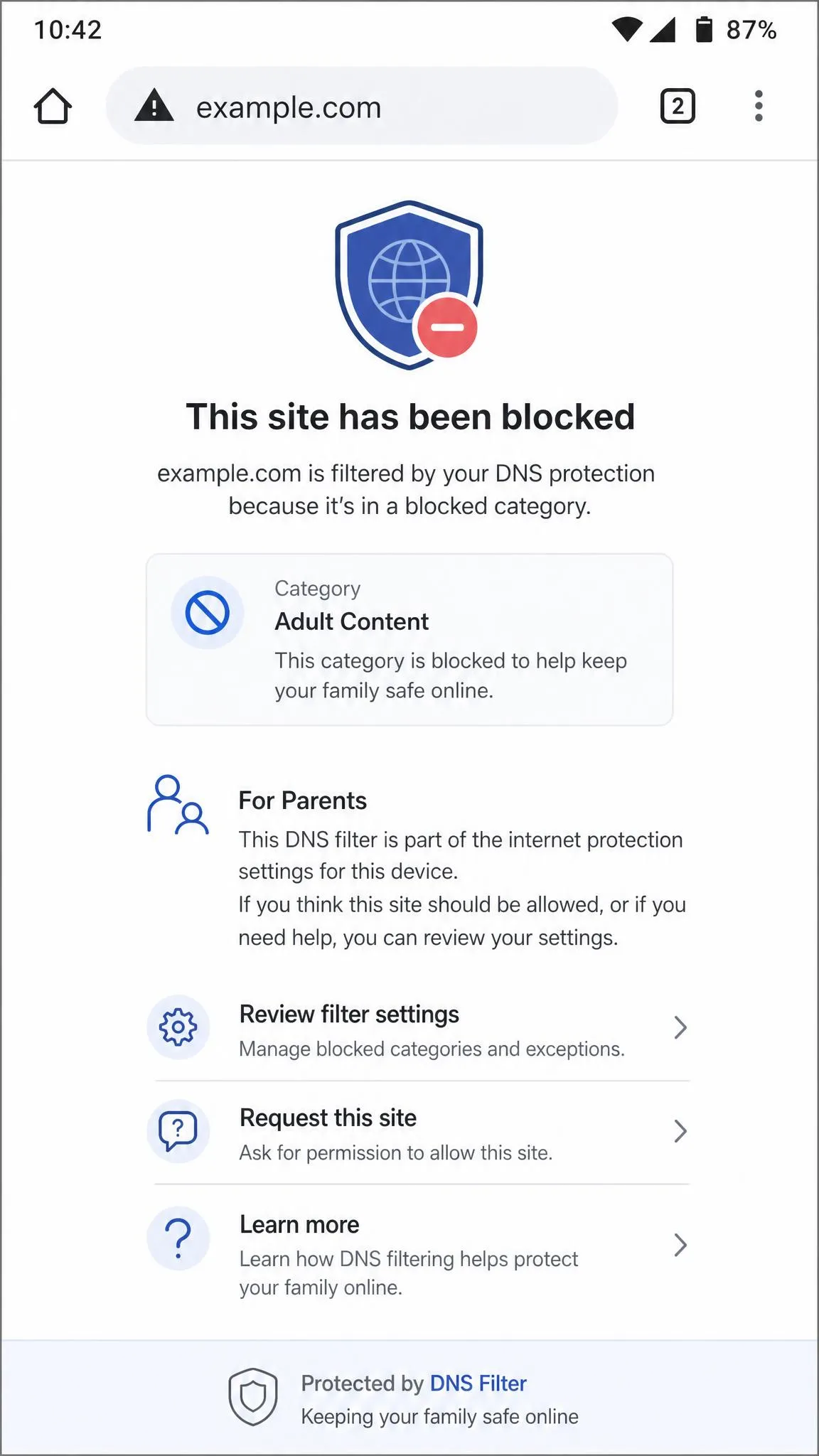 Blocked-page message from a DNS filter appearing when a filtered website is opened on an Android phone, with guidance for the parent.