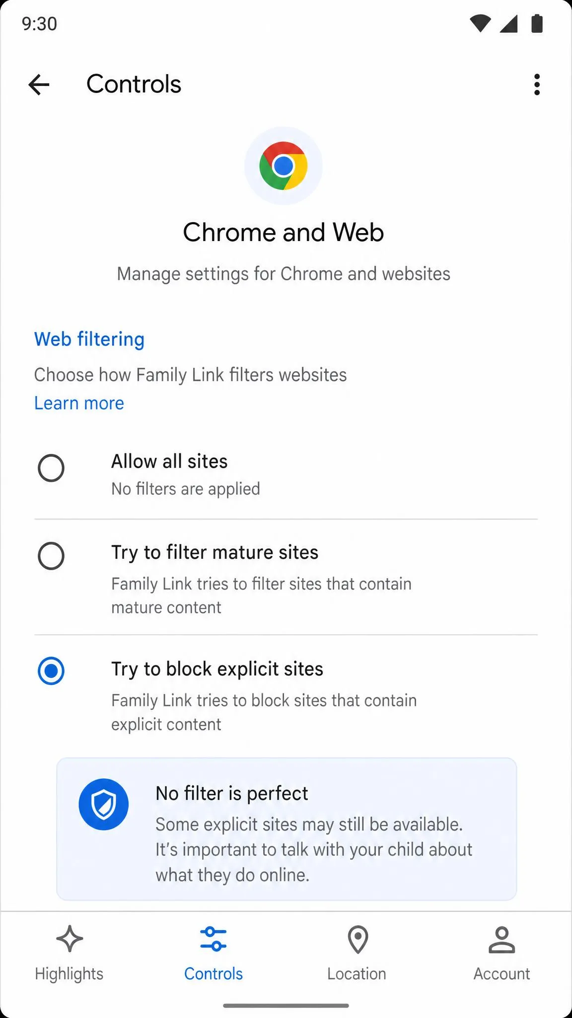 Google Family Link app showing the Controls screen for Chrome and Web, with the option Try to block explicit sites selected.