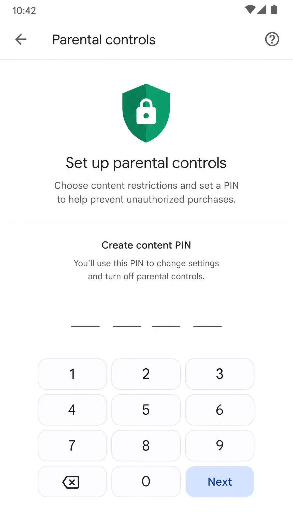 Google Play Store parental controls setup screen asking for a four-digit PIN before content restrictions can be turned on.