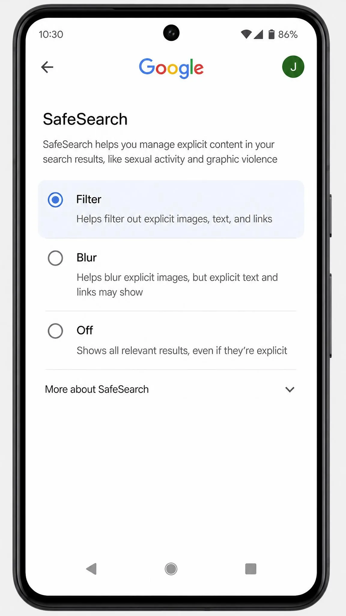 Android phone showing Google's SafeSearch setting set to Filter, with the three options Filter, Blur, and Off listed on screen.