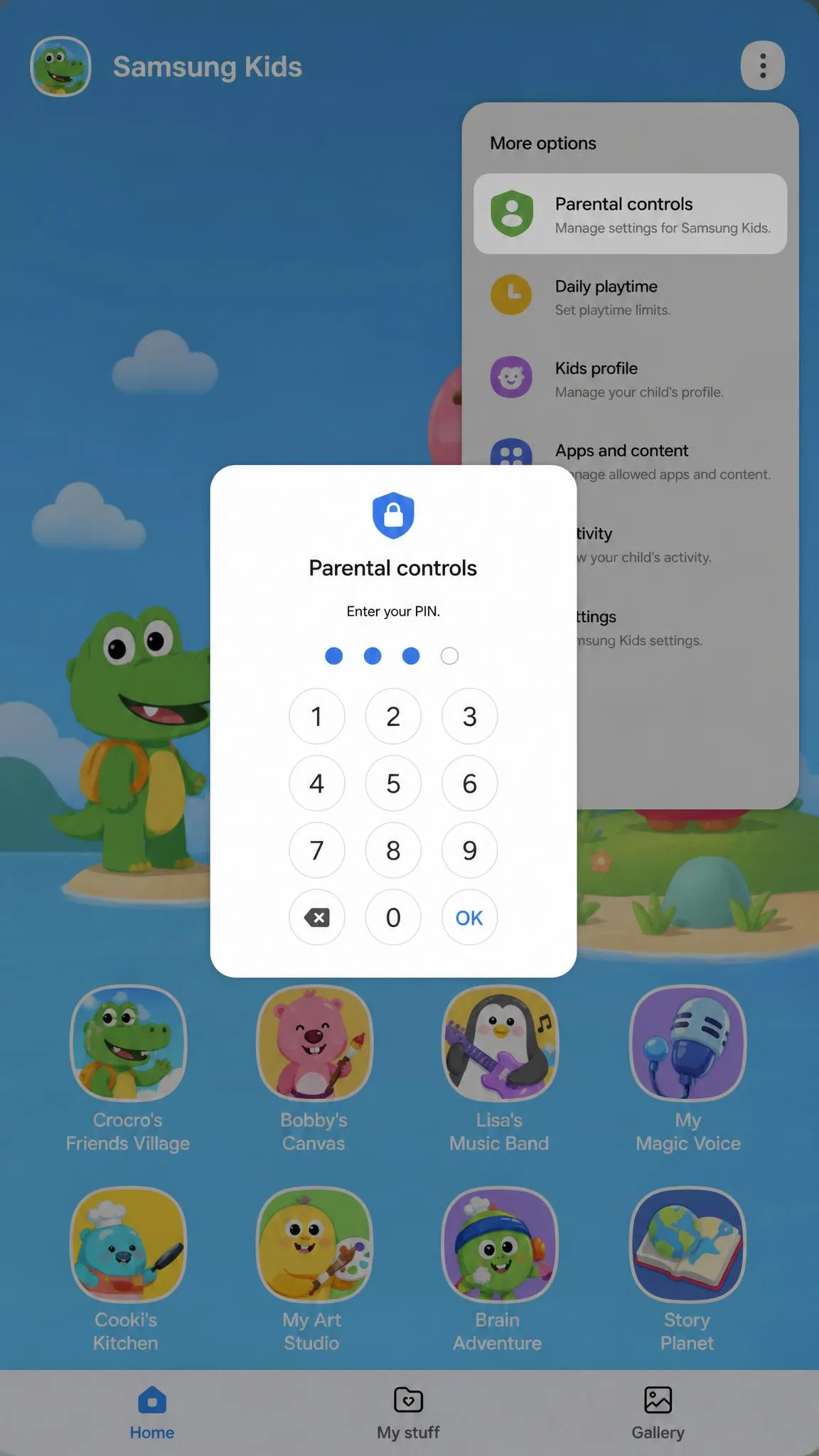 Samsung Kids home screen with the More options menu open, showing Parental controls behind a PIN prompt.