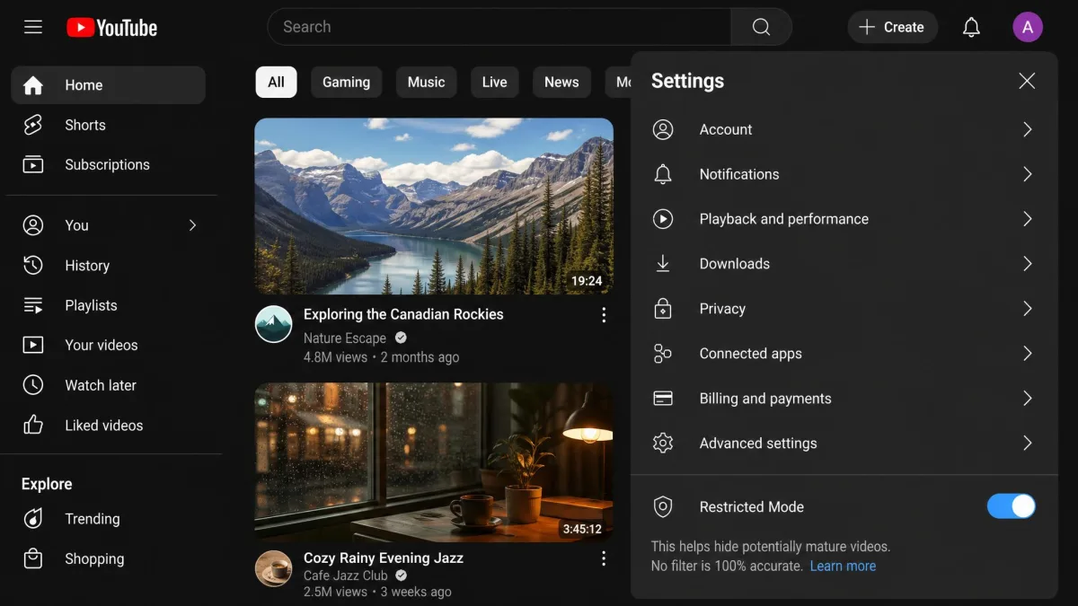YouTube Restricted Mode toggle at the bottom of the YouTube settings menu, shown switched on.
