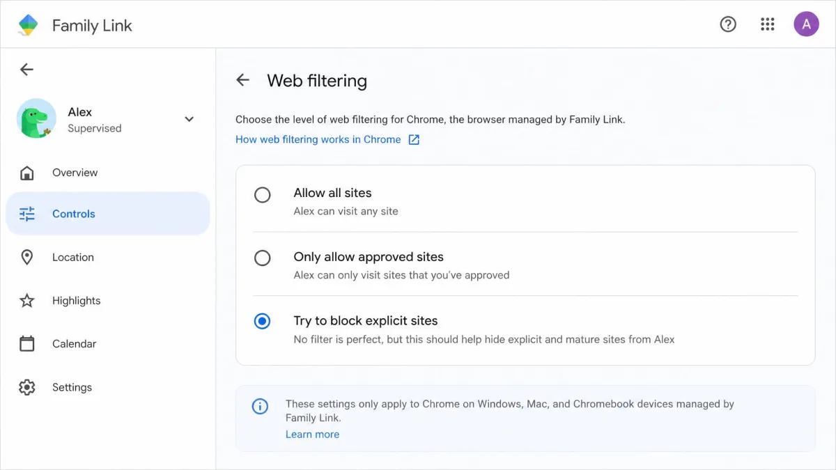 Google Family Link's Chrome web filtering options showing Allow all sites, Only allow approved sites, and Try to block explicit sites for a supervised child account.
