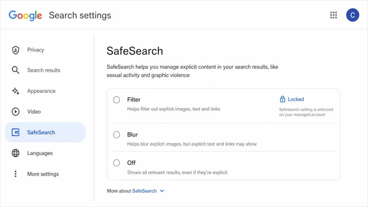 Google Search settings showing SafeSearch set to Filter with the lock icon indicating the setting is enforced on a managed child account.