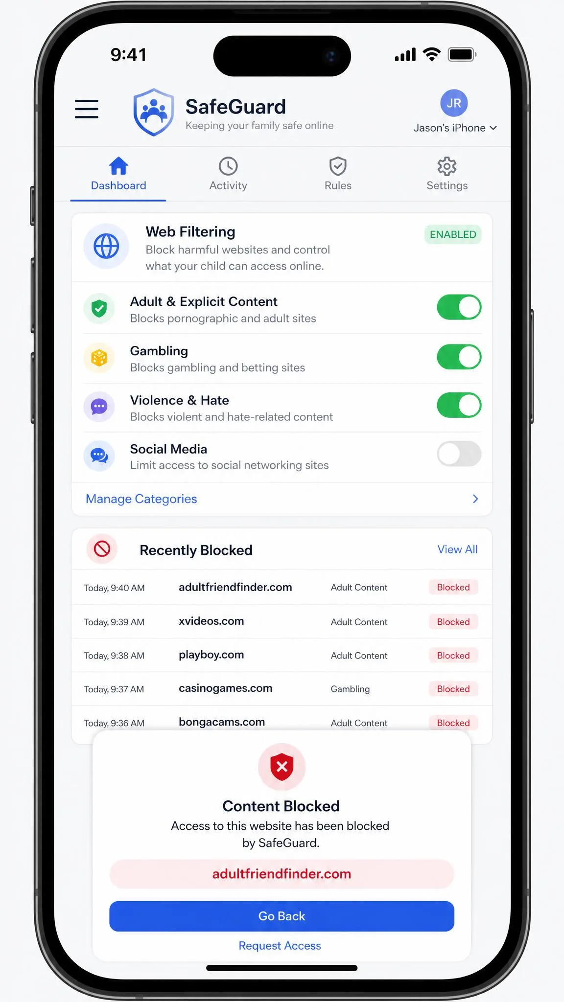 A parental-control app dashboard on iPhone showing web filtering toggles, a blocked-site log, and a content-blocked alert for an adult website.