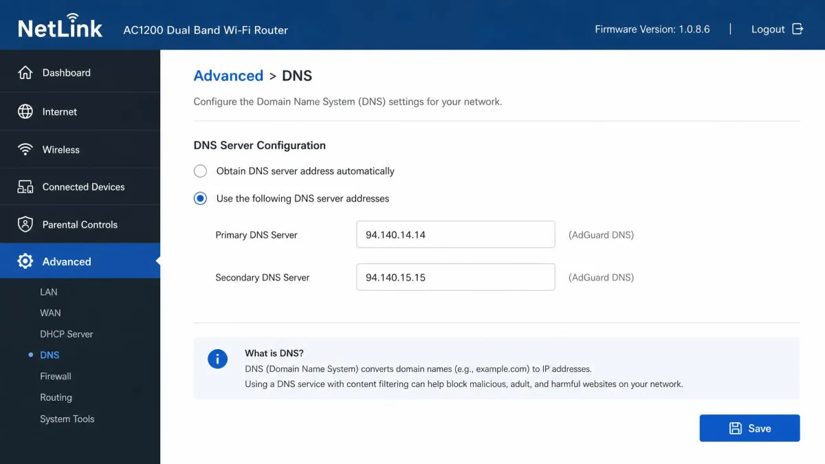 A home router admin page with the DNS server fields filled in with filtering addresses and a Save button ready to apply network-wide blocking.