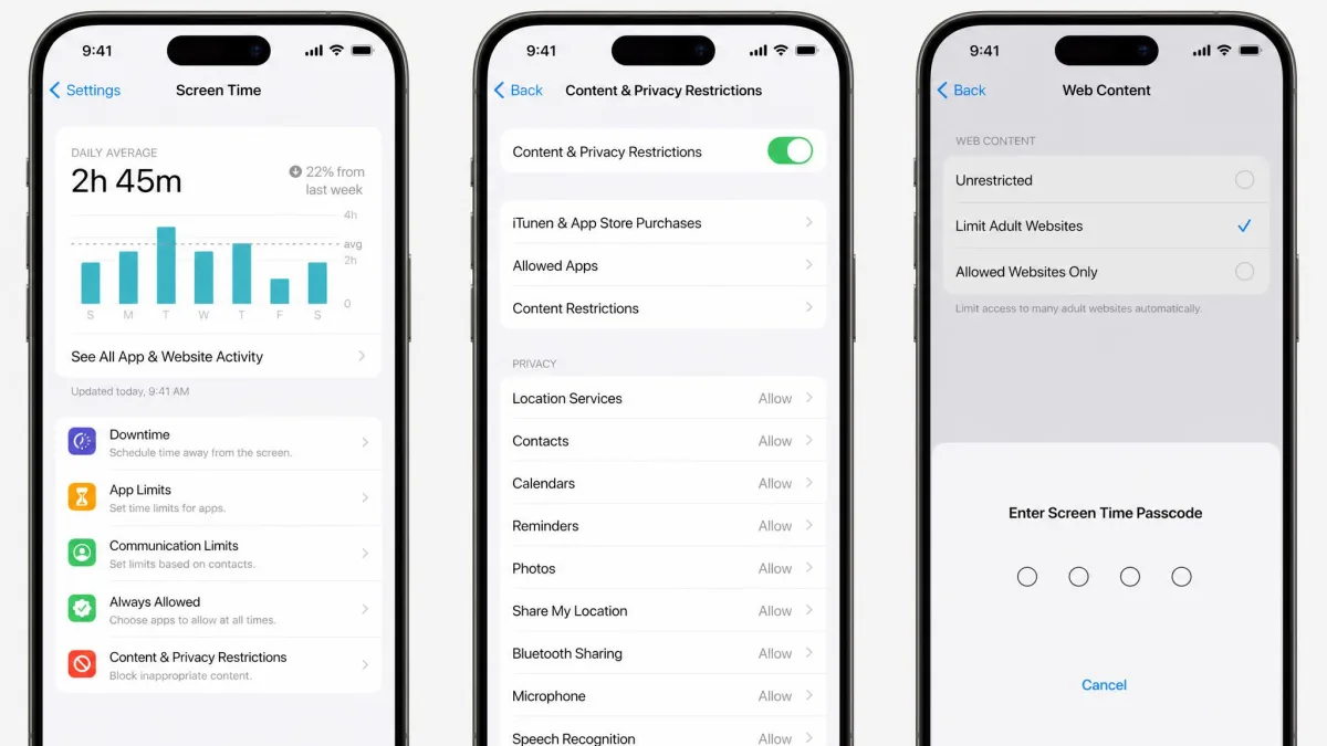 The iPhone Settings path showing Screen Time > Content & Privacy Restrictions > Web Content with the Limit Adult Websites option selected and a passcode prompt.