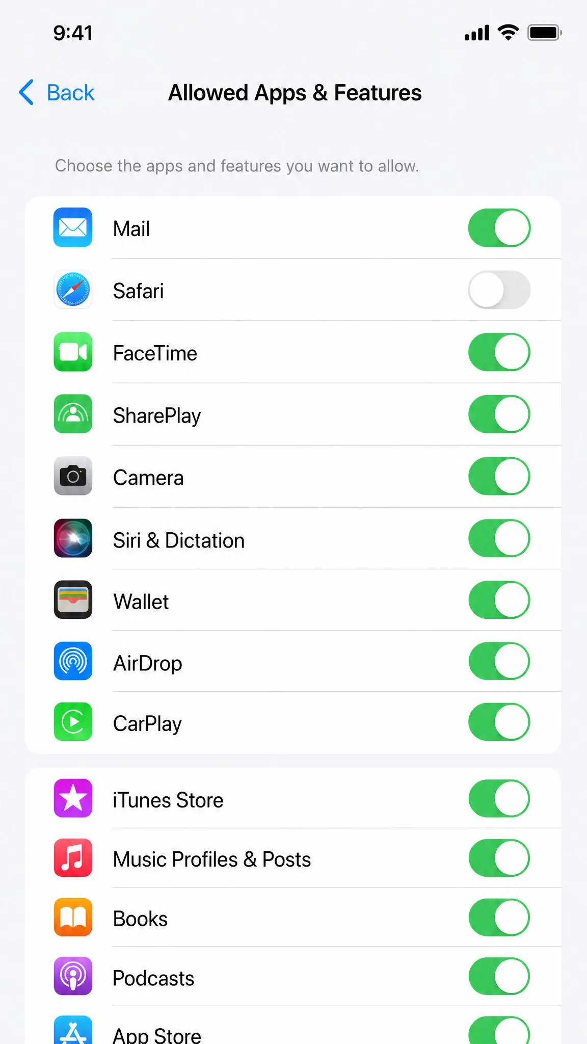 The Allowed Apps & Features list inside Content & Privacy Restrictions on an iPhone, with the Safari toggle switched off.