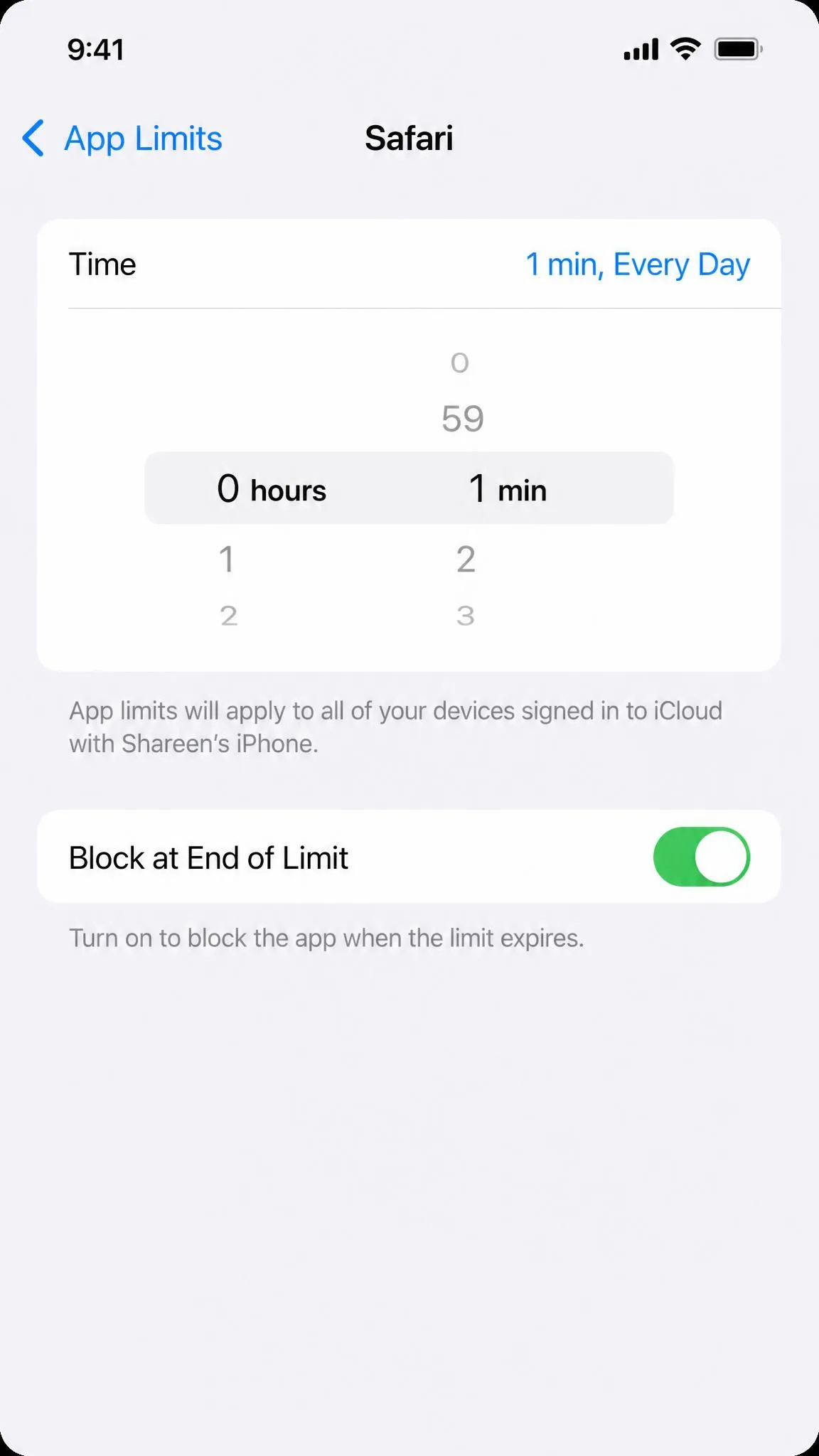 The App Limits screen on an iPhone with a one-minute daily limit set for Safari and Block at End of Limit turned on.