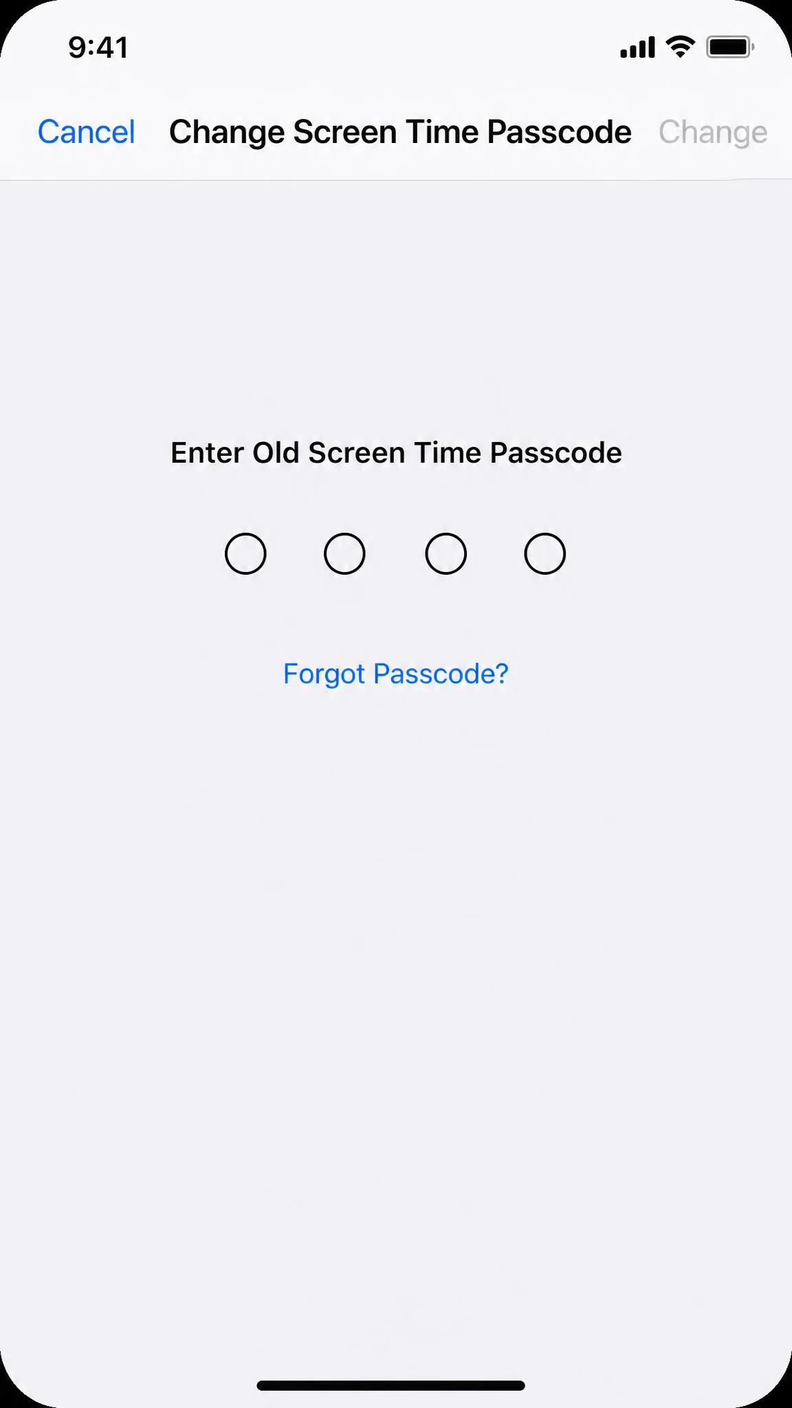 The Change Screen Time Passcode screen on an iPhone with a four-digit code entry field and a Forgot Passcode link below it.