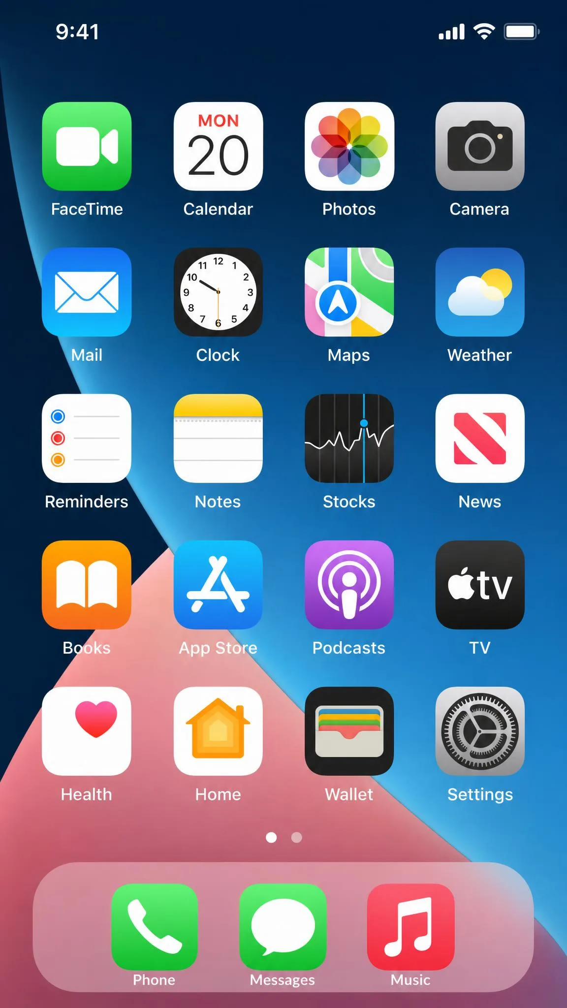 An iPhone Home Screen and dock with Safari absent, showing Phone, Messages and Music in the dock instead.