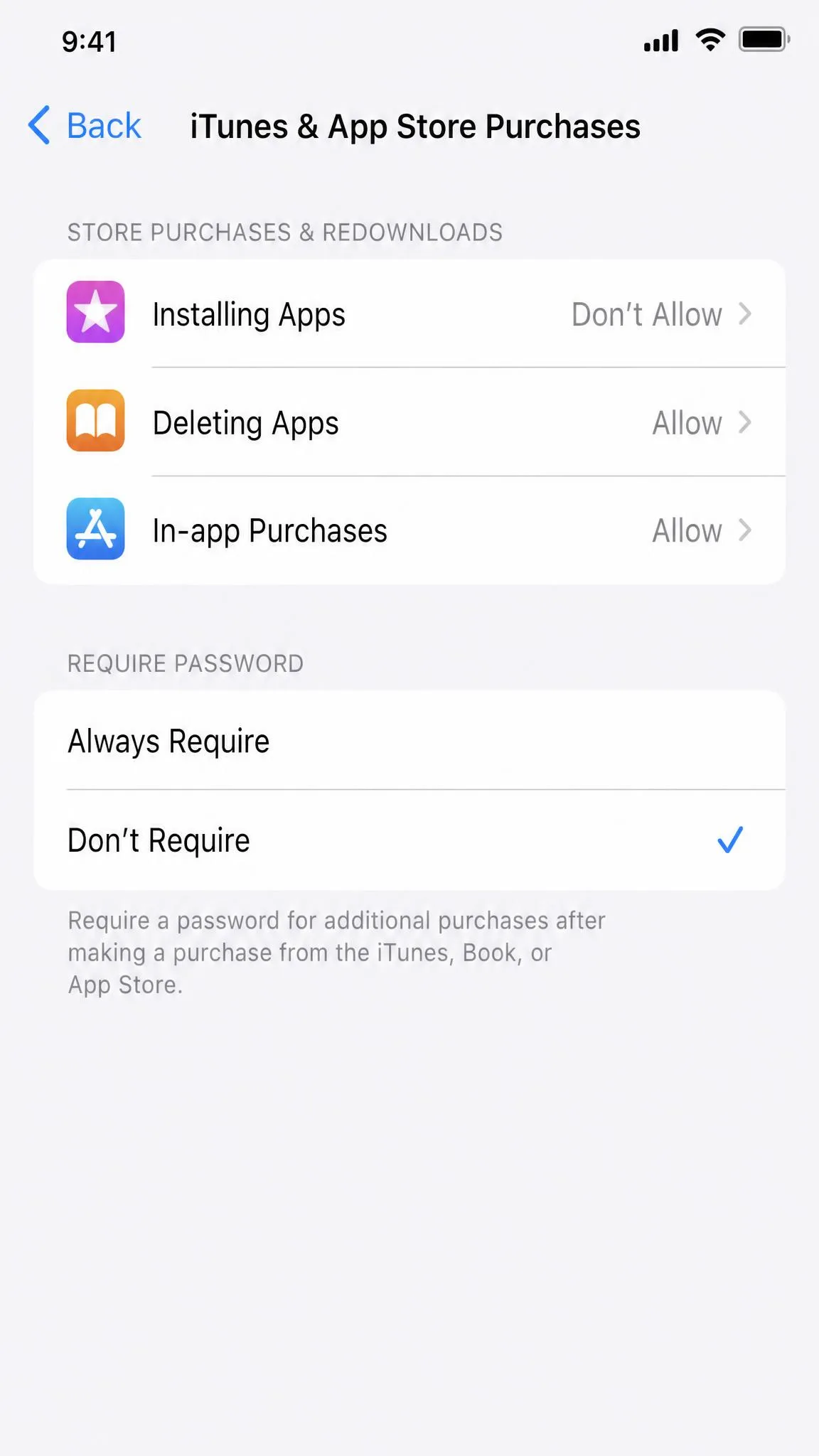 The iTunes & App Store Purchases screen on an iPhone with Installing Apps set to Don't Allow.
