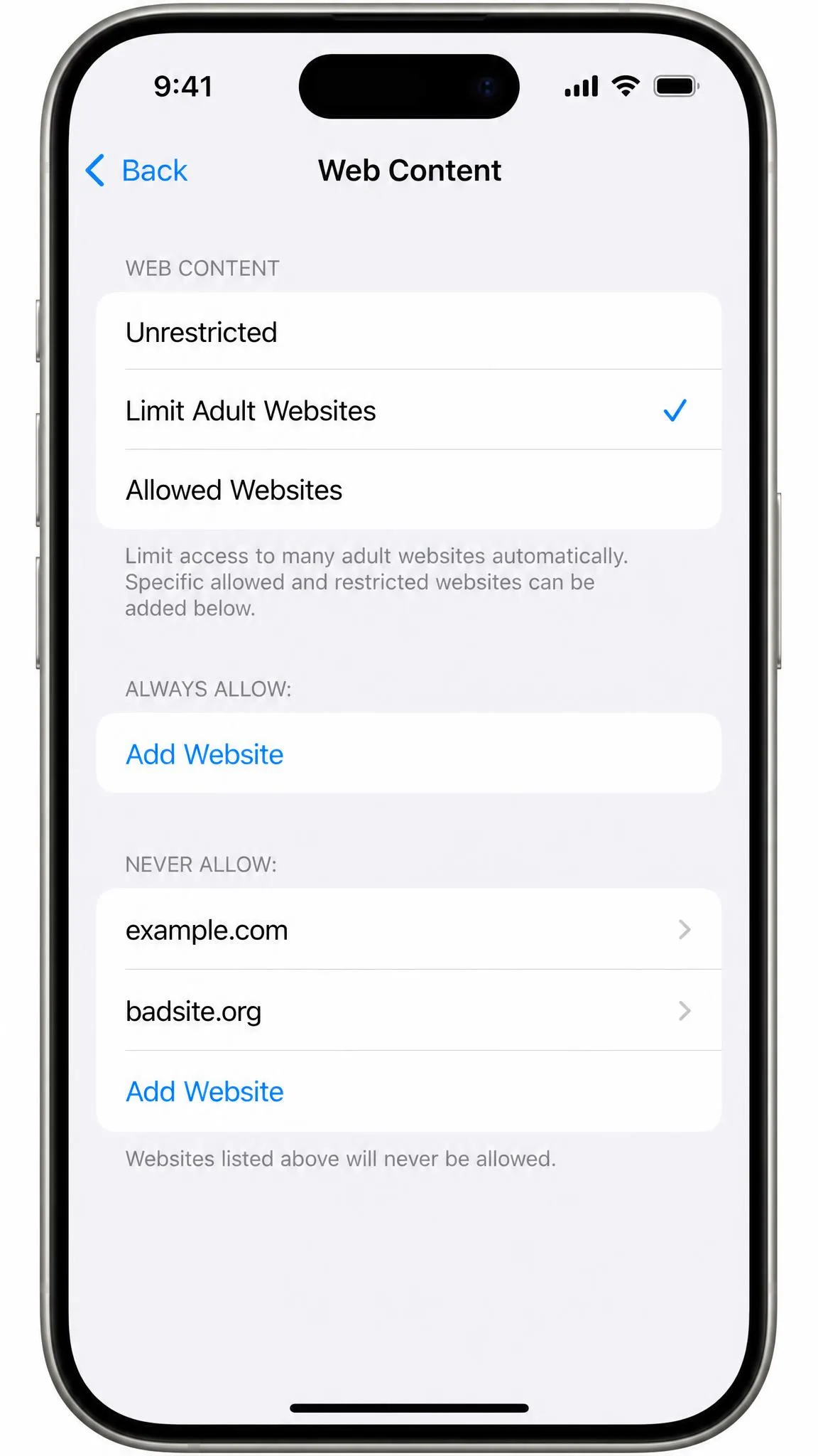 The Web Content screen on an iPhone with Limit Adult Websites selected and an Add Website row under the Never Allow list.