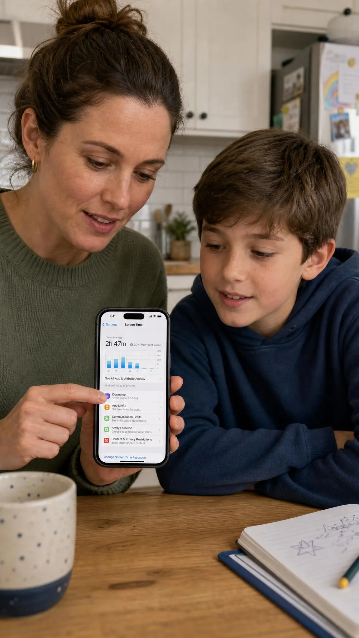 A parent and a school-age child at a kitchen table looking together at the Screen Time settings on an iPhone.
