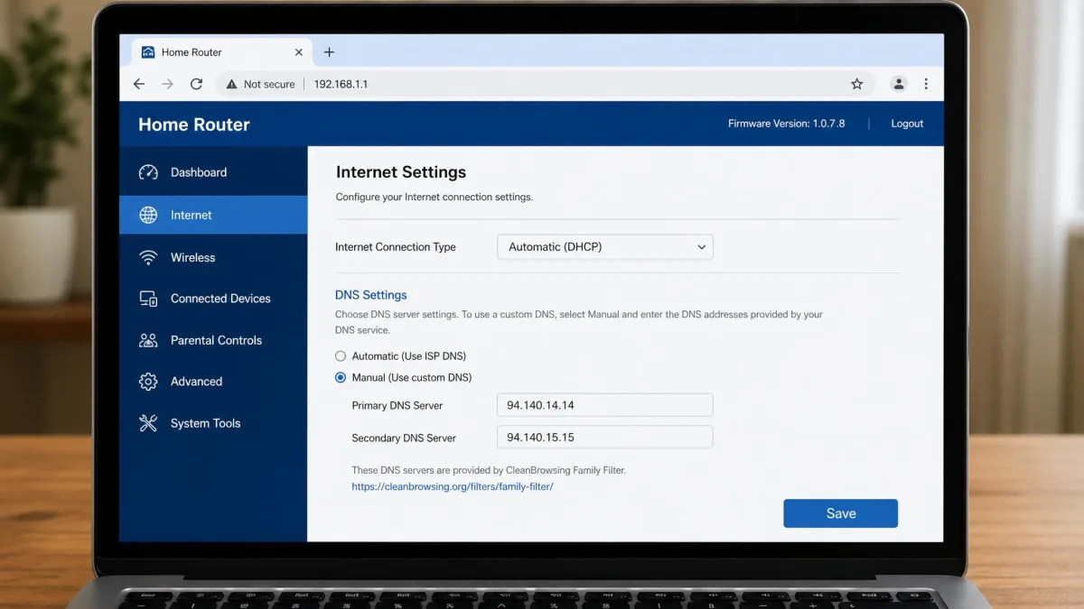 A home router admin page open in a laptop browser with custom DNS server fields filled in for a family filtering service.