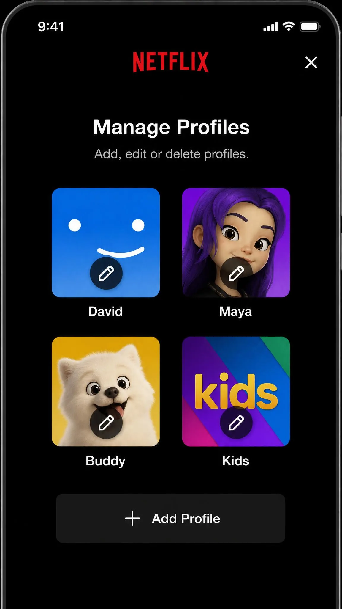 The Netflix iPhone app showing the Manage Profiles screen with four profile avatars and an edit pencil overlaid on each one.