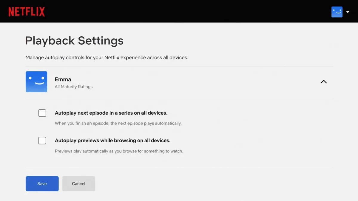 Netflix playback settings for a single profile with the autoplay next episode and autoplay previews checkboxes both unticked.