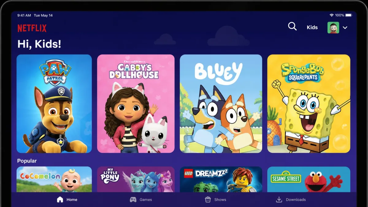 A Netflix Kids profile home screen on a tablet showing large cartoon character tiles.