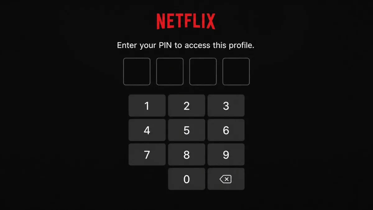 A Netflix profile lock screen prompting for a four-digit PIN, with four empty boxes and a numeric keypad below.