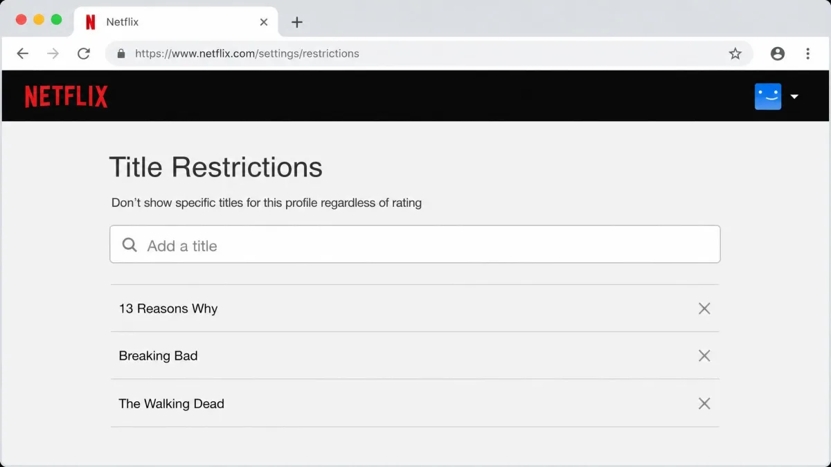 The Netflix Title Restrictions screen in a web browser, showing a search field for adding a title and three blocked show names listed below it with an X beside each.