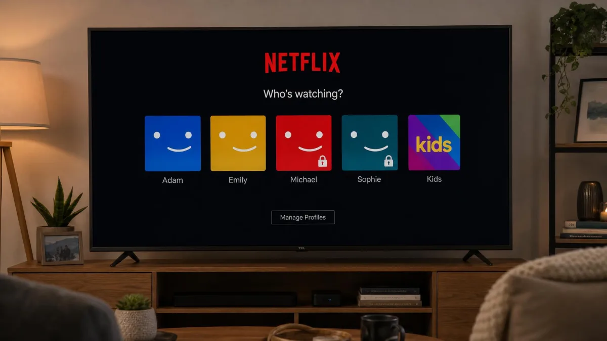 A living room television showing the Netflix profile selection screen with a padlock icon on two of the adult profiles.