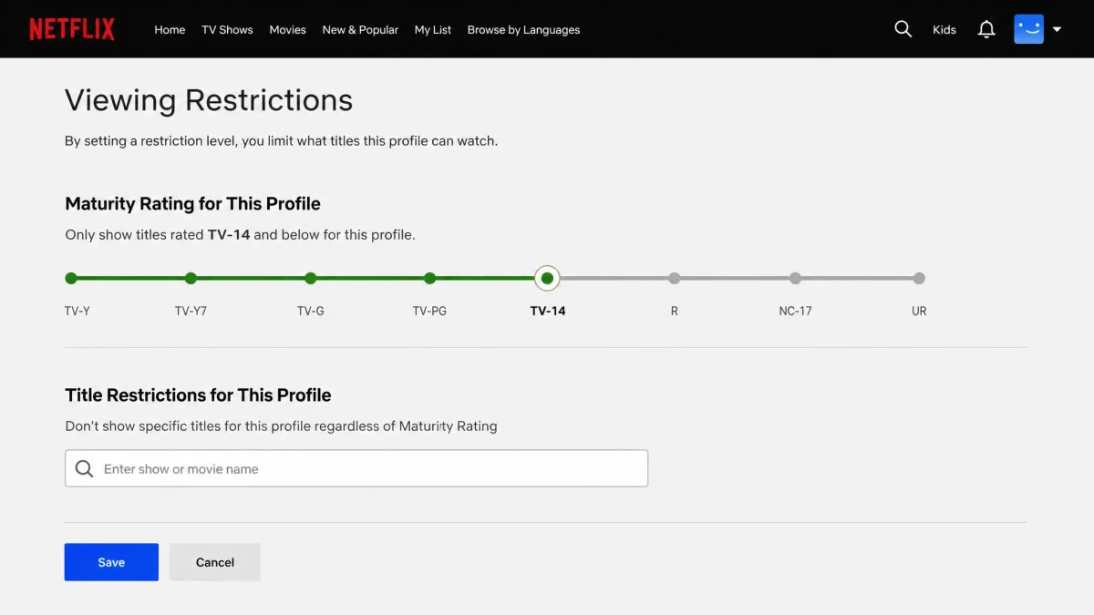 The Netflix Viewing Restrictions page on desktop with the maturity rating slider set to TV-14 and the title restrictions search box directly beneath it.
