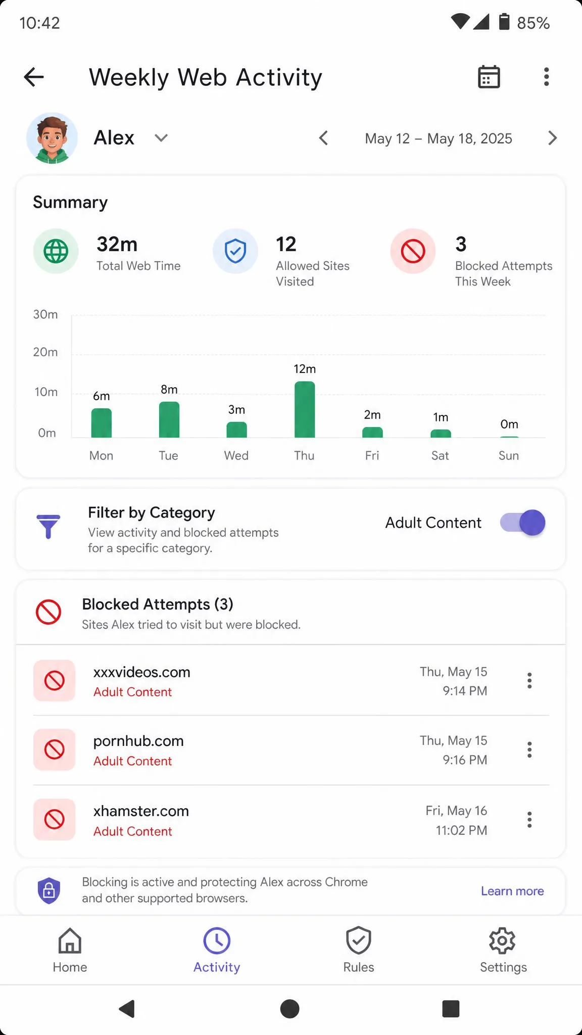 A parental control app on Android showing a weekly web activity report with three blocked site attempts listed and a category filter toggle for adult content.