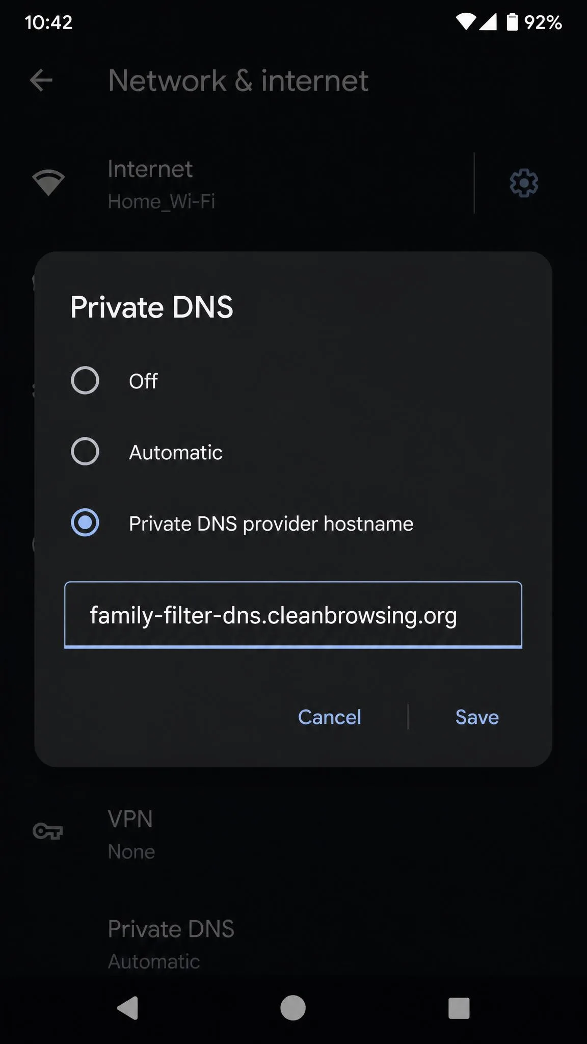 Android's Private DNS settings dialog with the provider hostname option selected and family-filter-dns.cleanbrowsing.org typed into the text field above the Save button.
