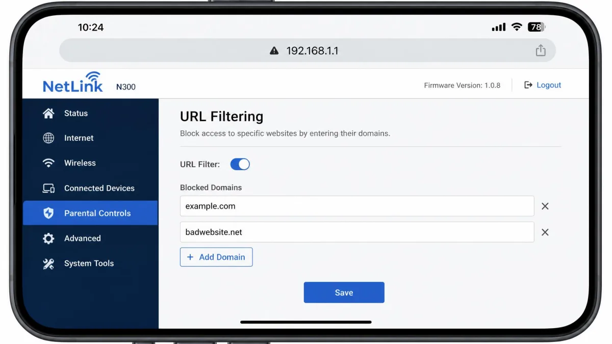 A home router's admin page open in a phone browser showing the URL filtering section with two blocked domains entered and the Save button below.