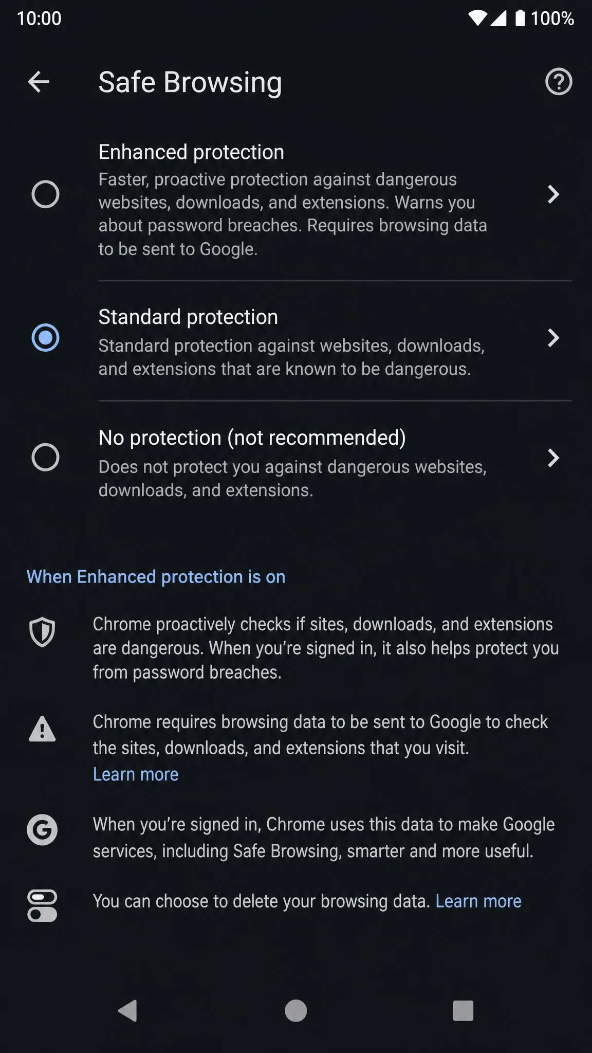 Chrome for Android's Safe Browsing settings screen with the Enhanced protection option selected and its description text visible below.