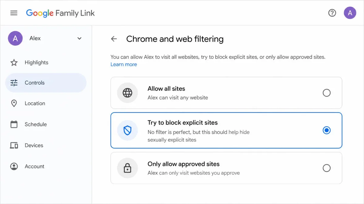 Google Family Link's Chrome and web filtering screen showing the three options, allow all sites, try to block explicit sites, and only allow approved sites, with the middle option selected.
