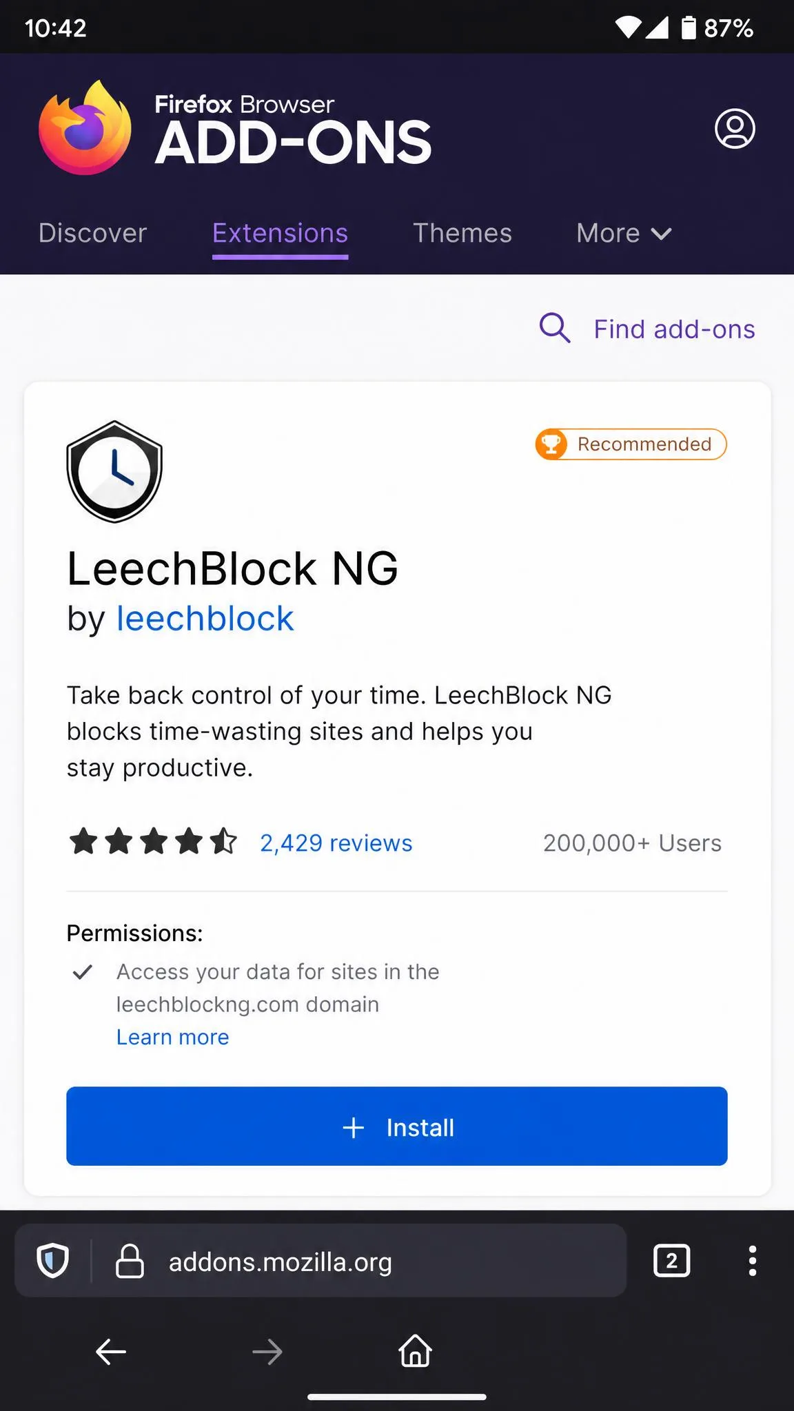 Firefox for Android's Add-ons menu open on the LeechBlock NG listing, with the install button visible and the browser toolbar at the bottom of the screen.