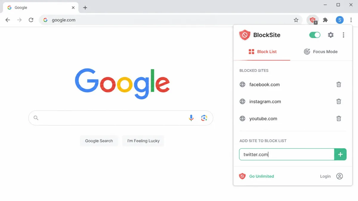 The BlockSite extension panel open in Chrome with three domains already on the block list and a fourth being typed into the add field.