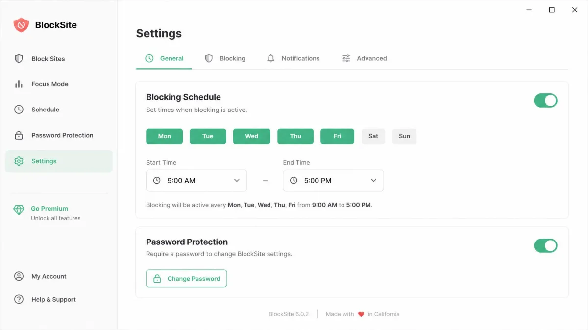 BlockSite's settings screen with a weekday blocking schedule set from 9am to 5pm and the password protection toggle switched on.