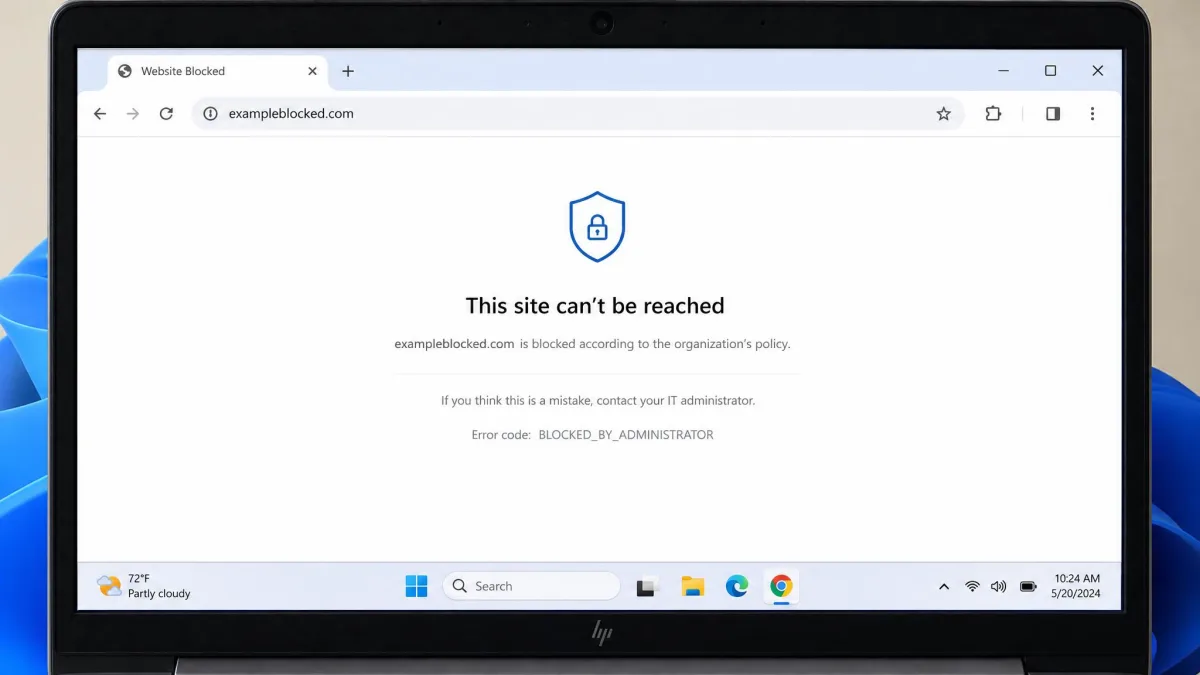A Chrome tab showing a blocked website message on a Windows 11 laptop, with the address bar still displaying the typed domain name.