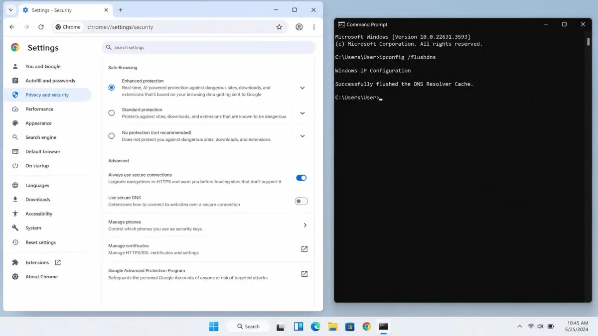 Chrome's security settings page with the Use secure DNS toggle switched off, shown next to a Command Prompt window running ipconfig flushdns.