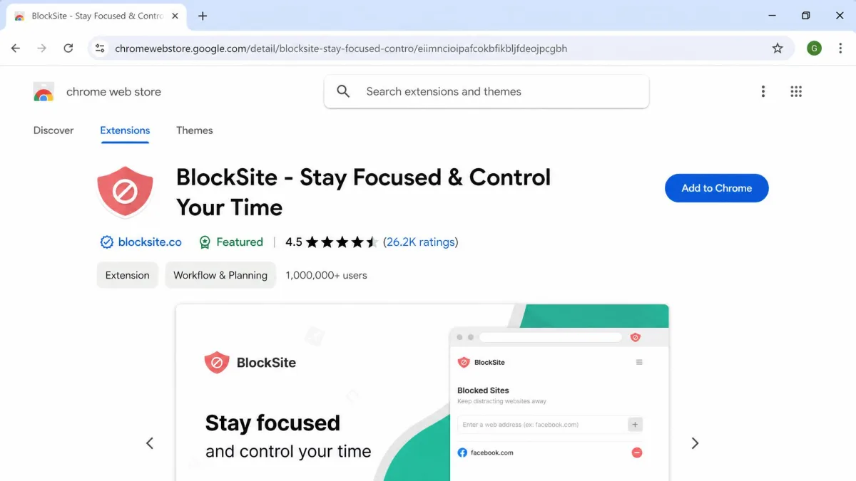 The BlockSite listing on the Chrome Web Store in a Chrome tab, showing the star rating, user count and the blue Add to Chrome button.