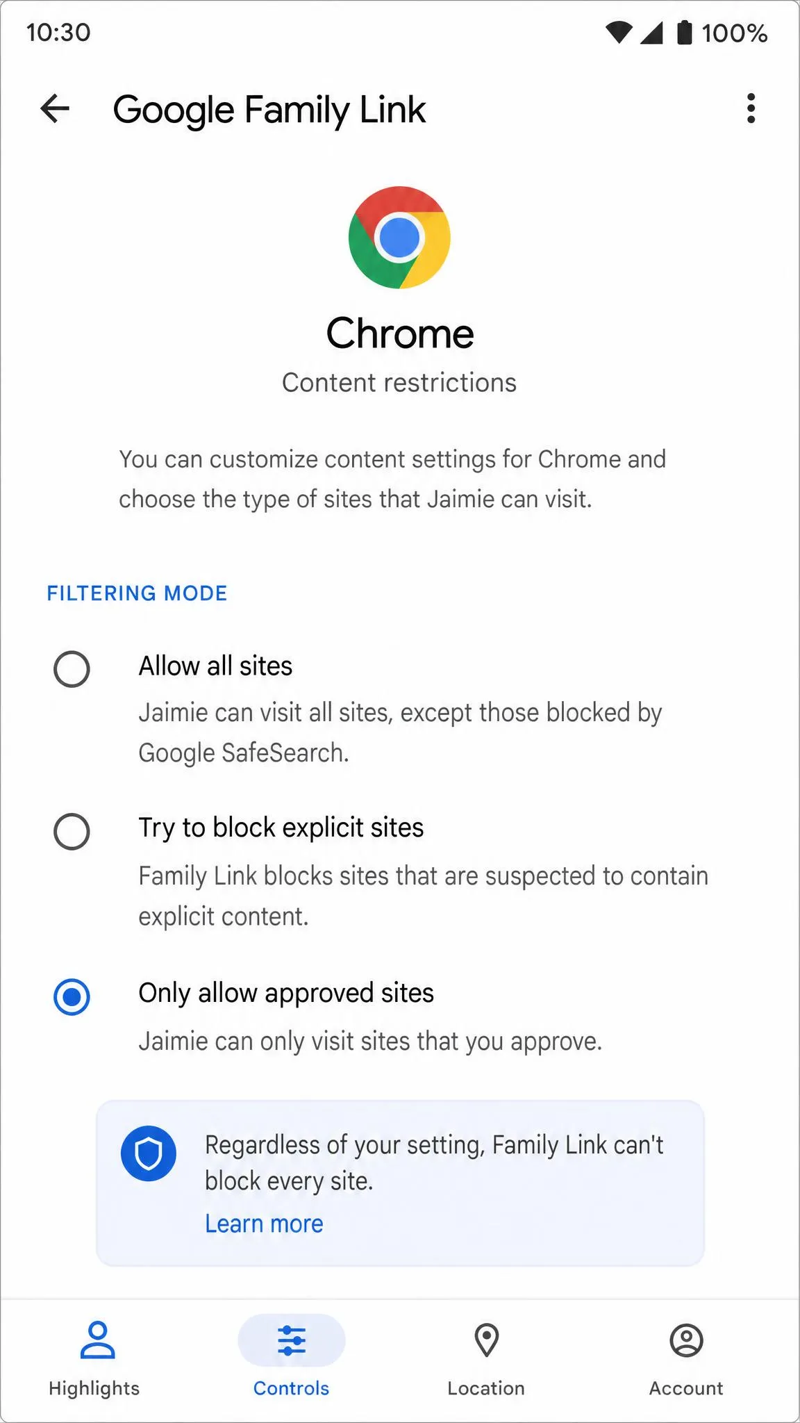 The Google Family Link app showing Chrome content restrictions with the three filtering modes listed and Only allow approved sites selected.