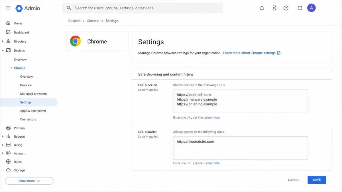 The Google Admin console Chrome settings page with three addresses entered in the URL blocklist field and one entry in the URL allowlist field.