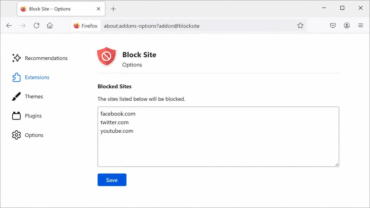 The Block Site add-on Options screen in Firefox with three domains listed in the blocked sites box and the Save button below it.