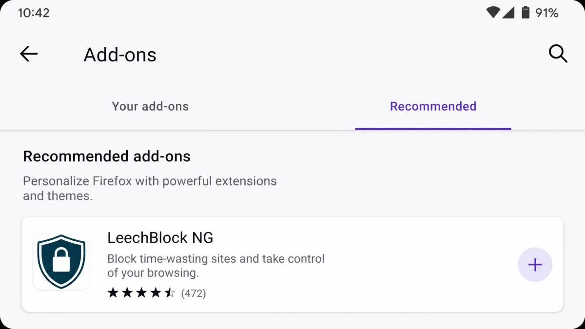 The Firefox for Android Add-ons Manager screen with LeechBlock NG listed and a plus icon ready to install it.