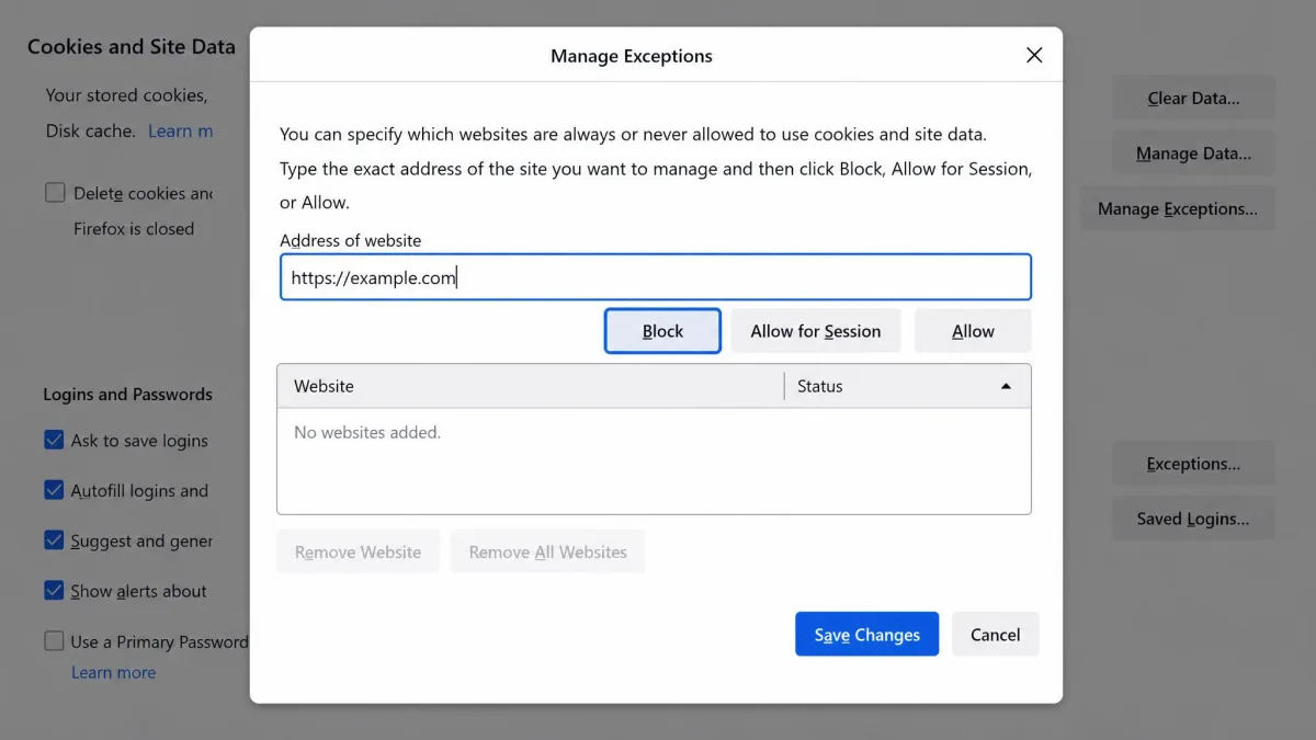 The Firefox Manage Exceptions dialog with a site address typed in and the Block button highlighted before saving changes.