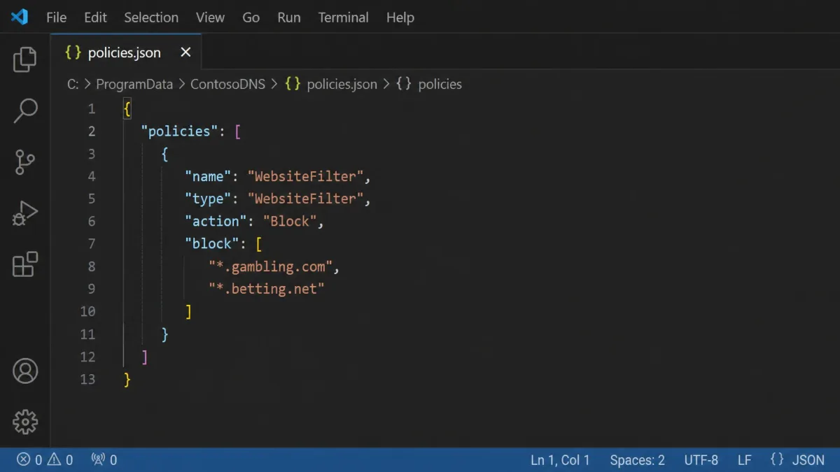 A policies.json file open in a text editor showing a WebsiteFilter policy with a Block array containing two match patterns.