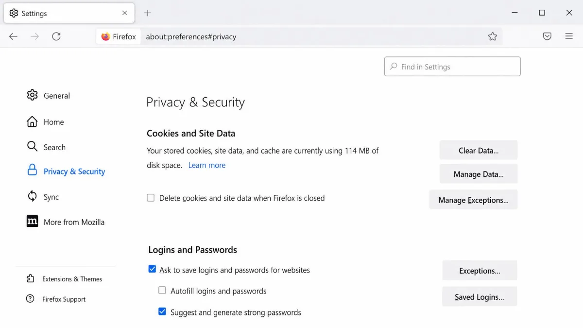 The Firefox Settings screen open on Privacy and Security, showing cookie and site data controls with no website blocking option anywhere on the page.