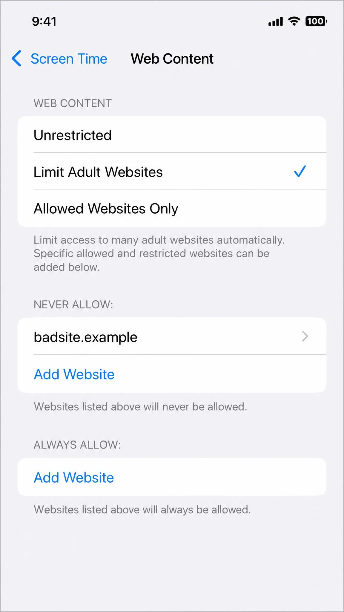 The iPhone Screen Time Web Content screen set to Limit Adult Websites with one address listed under the Never Allow heading.