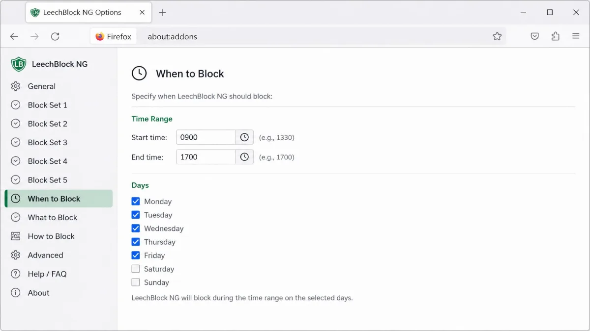 LeechBlock NG's When to Block tab in Firefox showing a 0900 to 1700 time window entered and weekday checkboxes ticked.