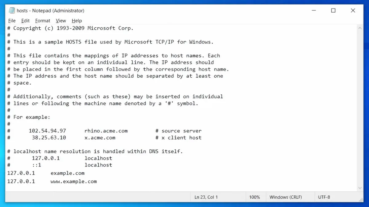 The Windows hosts file open in Notepad running as administrator, with two new lines pointing example.com and www.example.com at 127.0.0.1.