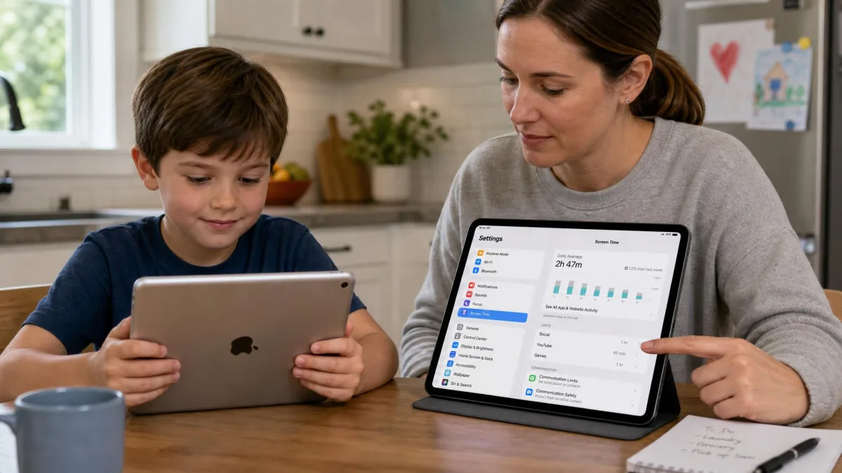 A child holding an iPad at a kitchen table while a parent checks the Screen Time settings on a second iPad beside them.
