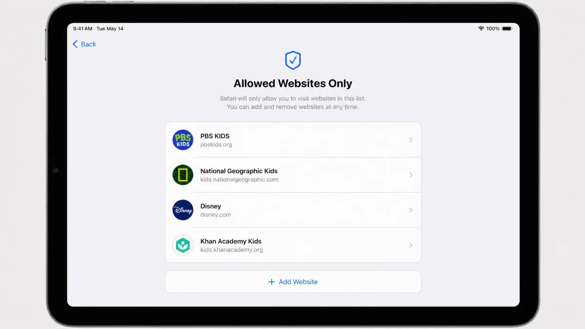 An iPad in Allowed Websites Only mode showing a short curated list of approved child-friendly sites with an Add Website button below.